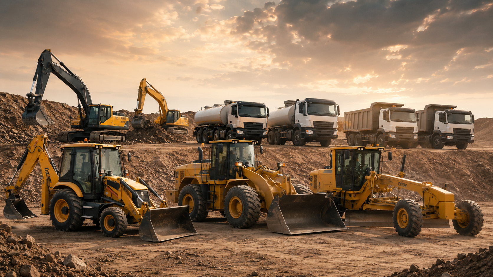 Heavy machinery and trucks coordinated for construction logistics